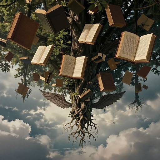 Digital artwork of a tree with open books hanging from its branches, a large bird with black wings perched at the base, against a cloudy sky background