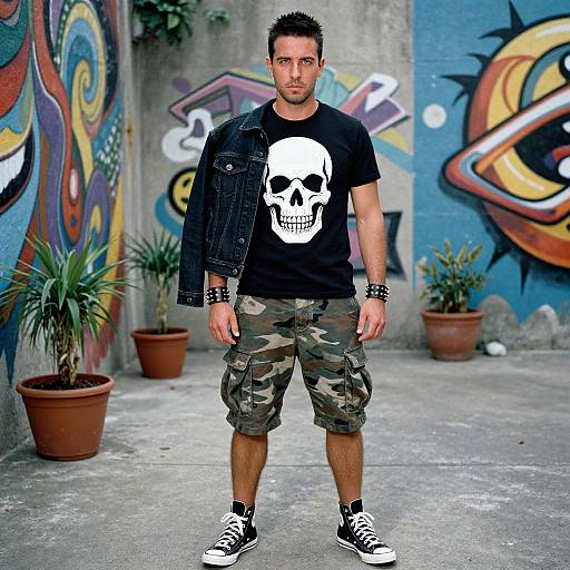 Photograph of a muscular man with short black hair, wearing a black skull t-shirt, camo shorts, denim jacket, black sneakers, and spiked