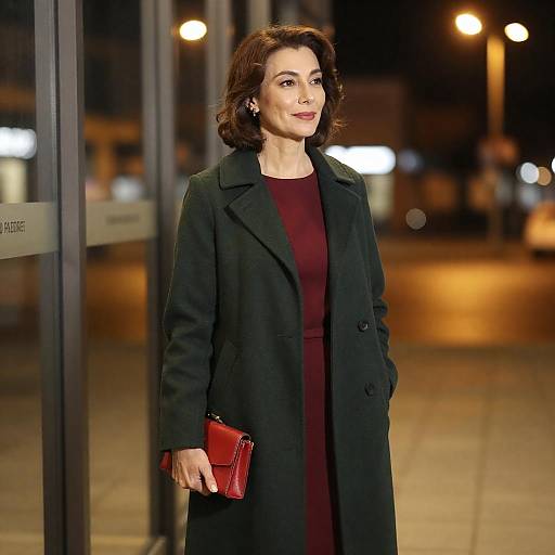 Photograph of a stylish middle-aged woman with short brown hair, wearing a black coat, red dress, and red clutch, standing at night in a