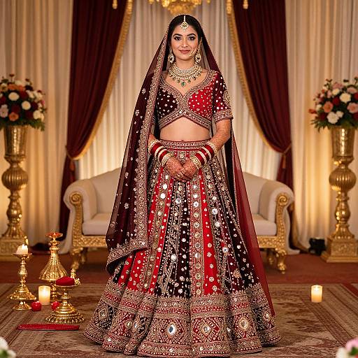 Photograph of an Indian bride in a red and black embroidered lehenga, dupatta, and jewelry, standing in a warmly lit, elegant room with