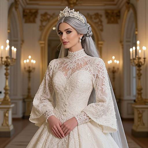 Digital art of a beautiful bride with silver hair, wearing a lace white wedding dress, tiara, and veil, standing in an ornate, candle