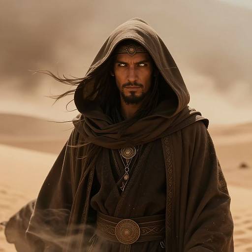 Photograph of a rugged, dark-haired man with intense eyes, wearing a black hooded robe, ornate jewelry, and a desert background.