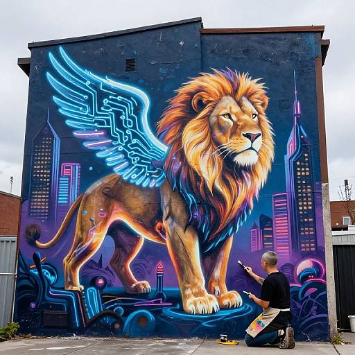 Vibrant mural of a lion with neon blue wings on a dark building, painted by artist with bald head, seated below. Urban, futuristic style