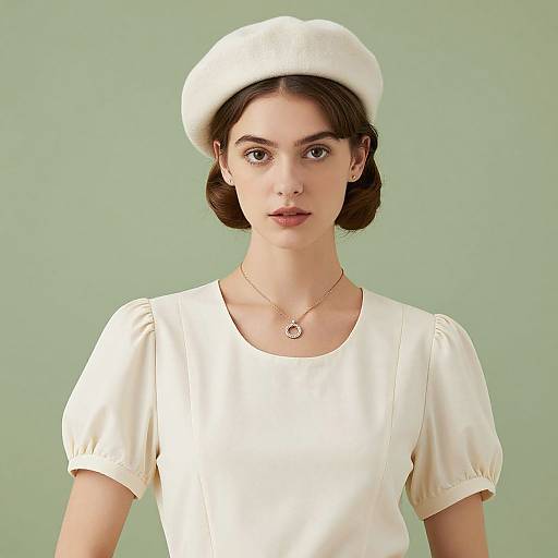 Photograph of a young woman with fair skin, dark brown hair in a bob, wearing a white beret, cream blouse, and gold necklace,