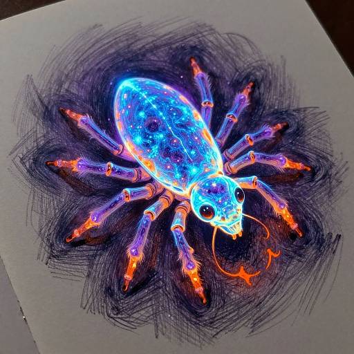 Digital illustration of a glowing blue, bioluminescent spider with orange accents, intricate details, and dark, swirling background on white paper.