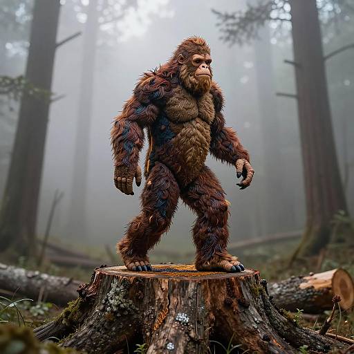 Embroidered Bigfoot on Tree Stump in Misty Forest