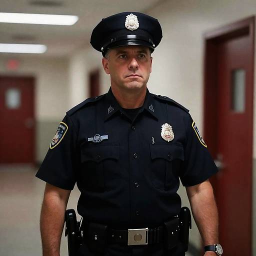 Serious Police Officer in Dim Hallway