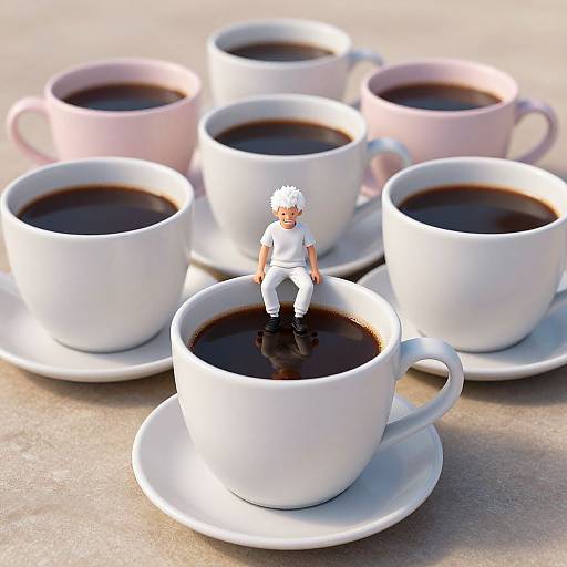 Miniature white-haired man in white outfit sitting in a white cup of black coffee, surrounded by six identical cups on saucers.
