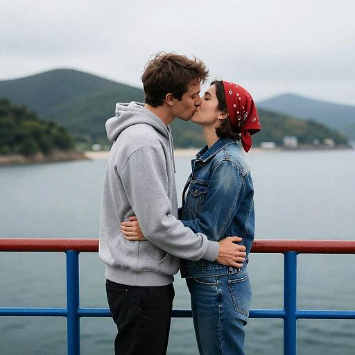 Romantic Ferry Kiss with Scenic Views