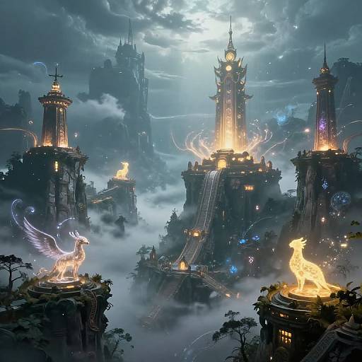 Fantasy digital artwork of mystical, illuminated towers with glowing dragons and ethereal winged creatures, set against a cloudy, moonlit sky.