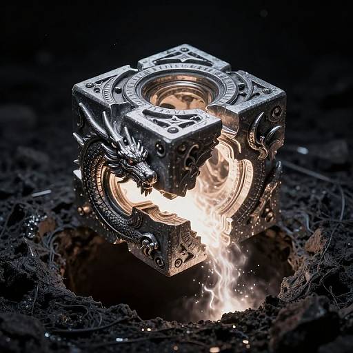 Photorealistic CGI of a metallic, intricate cube with a burning core, surrounded by dark, textured soil, emitting bright flames.