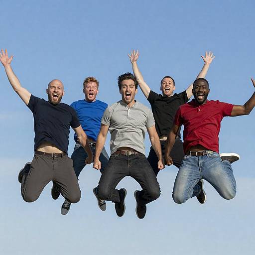 Joyful Jumping Men Under Blue Sky