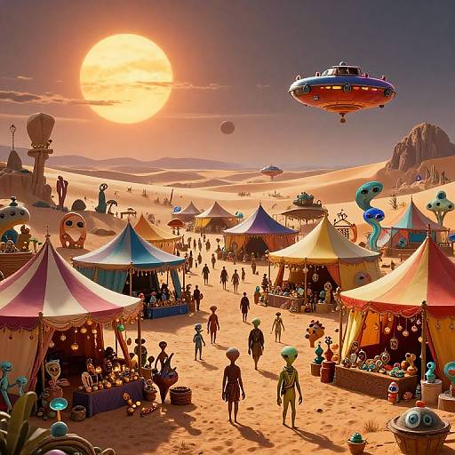 Vibrant CGI illustration of a desert market with colorful tents, alien-like vendors, and flying saucers under a bright sun, surrounded by sand
