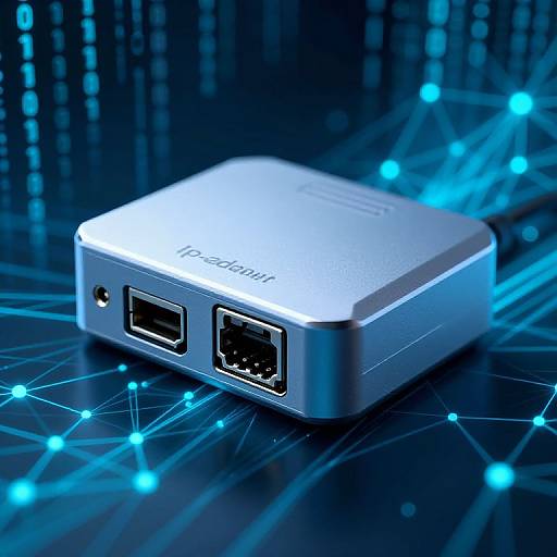 Photograph of a blue, square Linksys router with two Ethernet ports, set against a glowing blue digital network background.