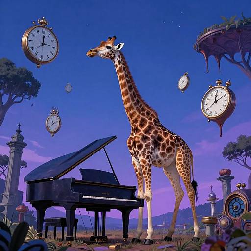 Digital illustration of a giraffe standing beside a grand piano, surrounded by floating clocks against a vibrant blue and purple sky.
