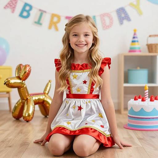 Photograph of a smiling blonde girl with wavy hair, wearing a red and white star-patterned dress, kneeling on wooden floor in a brightly decorated