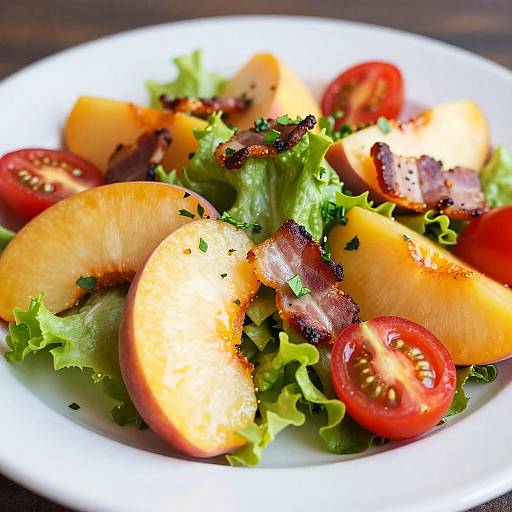 Photograph of a fresh salad with sliced peaches, red tomatoes, crispy bacon, and leafy greens, garnished with chopped herbs on a white