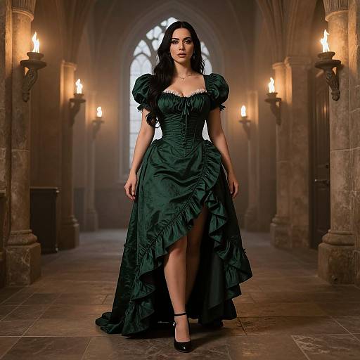 Photograph of a dark-haired woman in a green, ruffled, Victorian-style dress with puffed sleeves, standing in a dimly lit, Gothic