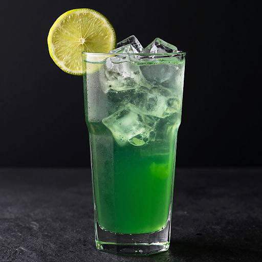Photograph of a green cocktail in a clear glass, filled with ice, a lemon slice on the rim, against a black background.
