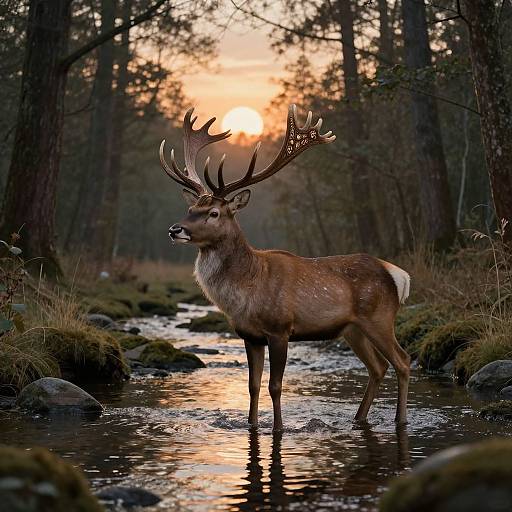 Photograph of a majestic stag with large antlers standing in a shallow, rocky forest stream at sunset, reflecting golden light.