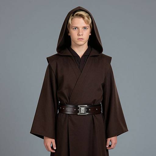 Photograph of a young white boy with blonde hair, wearing a black Jedi robe with hood, black belt, and gray background.