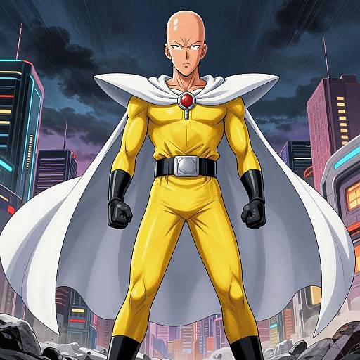 Digital anime-style artwork of bald, muscular man in yellow suit with white cape, black gloves, and red gem, standing in futuristic cityscape at night