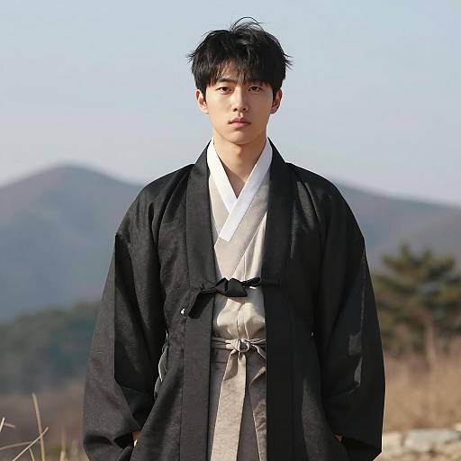 Young Asian Man in Traditional Korean Hanbok Outdoors