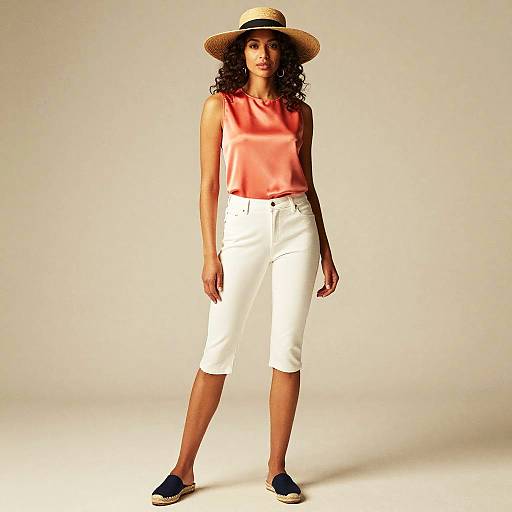Woman in Summer Outfit with Straw Hat