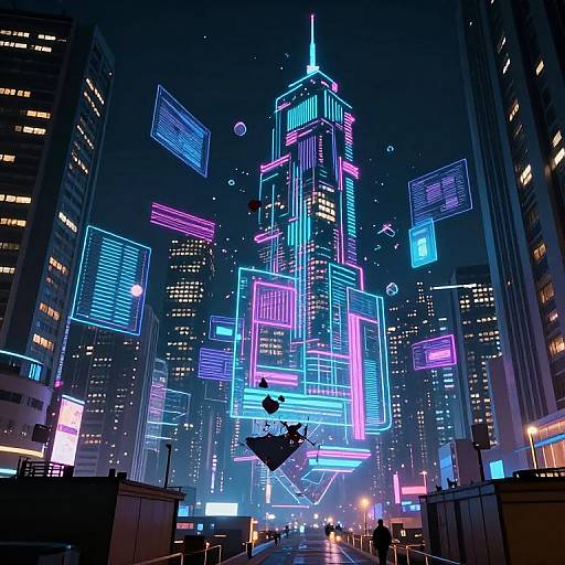 Digital art of a neon-lit, futuristic cityscape with glowing skyscrapers, floating screens, and a silhouetted figure in the foreground