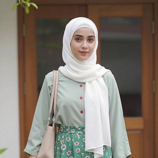 Young Woman in Floral Skirt by Door