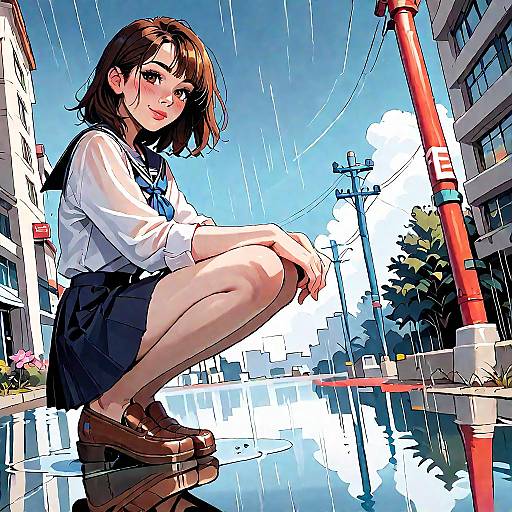 Rainy Schoolgirl Squat with Rainbow Reflection