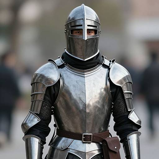 Photograph of a medieval knight in full shiny silver armor with a visor covering the eyes, standing in a blurred urban background.