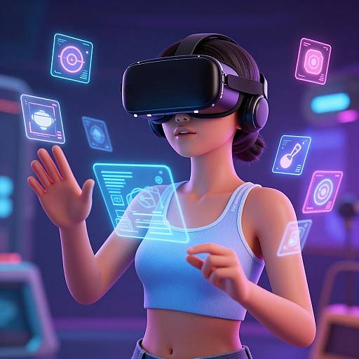 CGI image of a young woman in a virtual reality headset, wearing a white crop top, with glowing neon interfaces around her. She stands in a