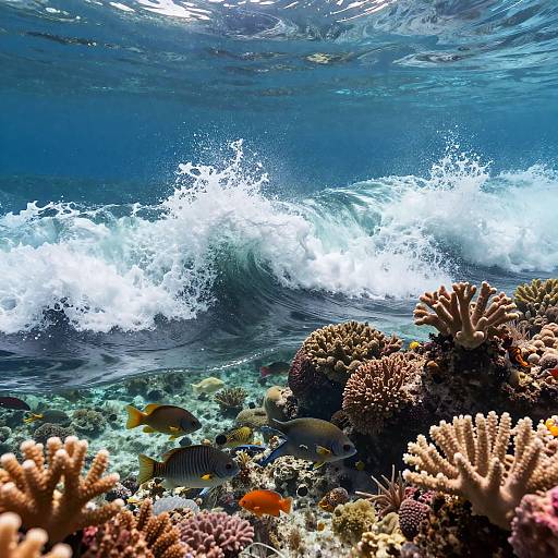 Photograph of vibrant underwater scene: colorful corals, fish swimming near crashing waves, blue ocean, sunlight filtering through water, dynamic water movement.