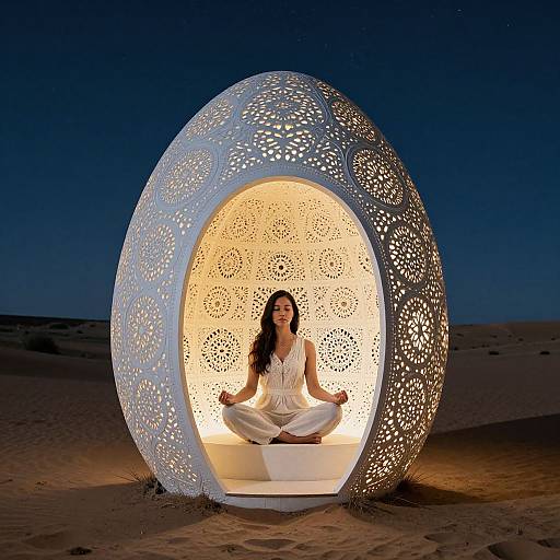 Photograph of a woman with long dark hair, wearing a white outfit, meditating inside a glowing, intricately patterned, white spherical hut in