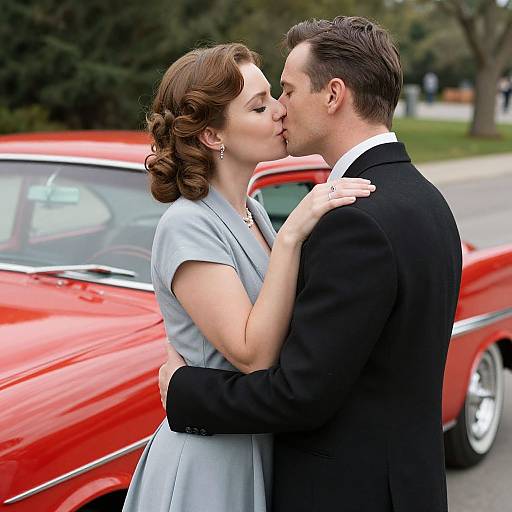 Photograph of a brown-haired woman in a light blue dress and a dark-haired man in a black suit kissing passionately in front of a red vintage car