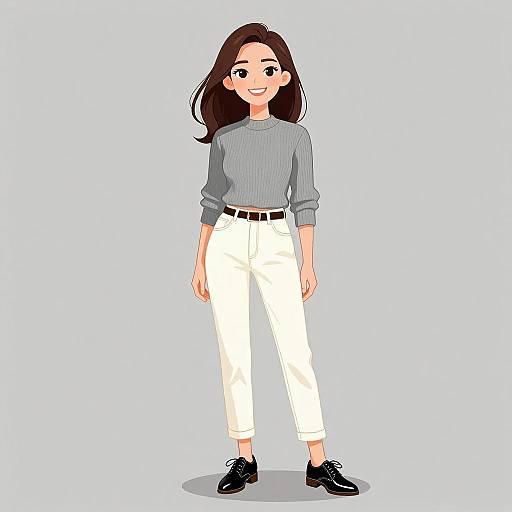 Digital illustration of a smiling young woman with long brown hair, wearing a gray sweater, white pants, black belt, and black shoes, standing against a