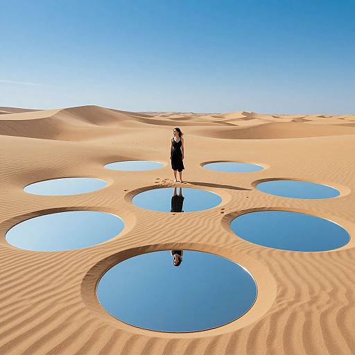 Photograph: Woman in black dress stands alone in vast, desert landscape with rippled sand dunes, reflecting in six circular blue water holes under clear
