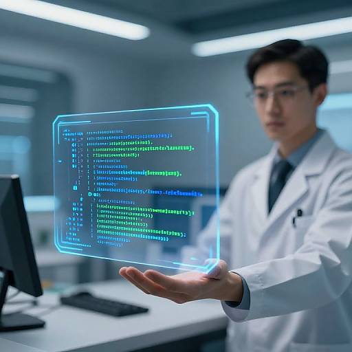Photograph of an Asian male scientist in a white lab coat, holding a glowing, holographic code screen above his hand in a modern, brightly lit