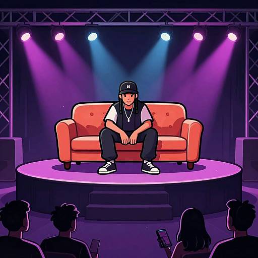 Digital drawing of a young man in a black cap, white t-shirt, and black vest, sitting on a red couch under purple stage lights, with