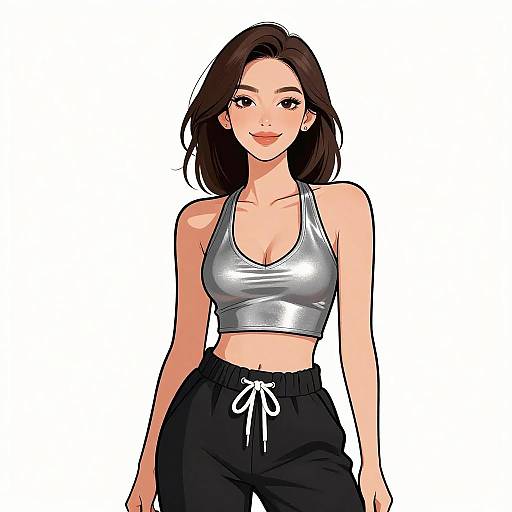 Digital anime-style drawing of a smiling, fair-skinned woman with brown hair, wearing a silver crop top and black sweatpants, against a white background