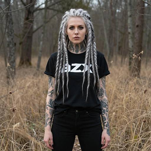 Pale Woman with Silver Dreadlocks in Forest