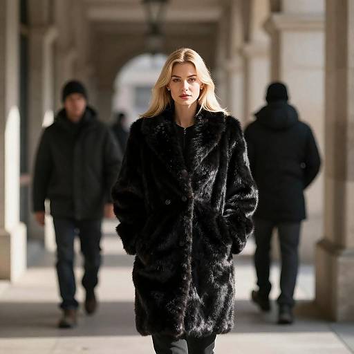 Blonde Woman in Fur, Sunlit Alley