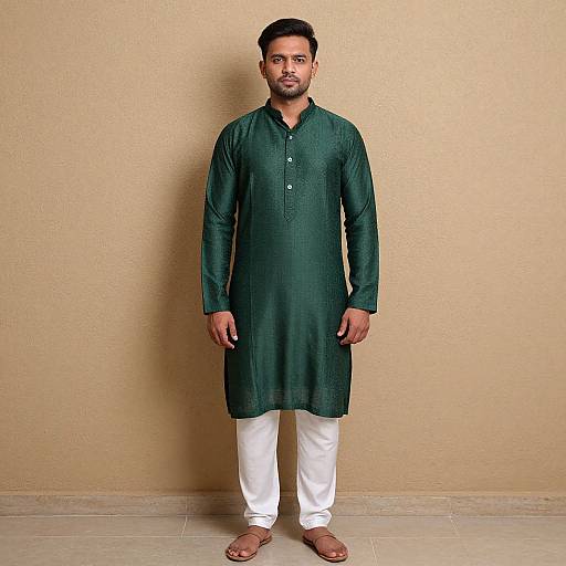 Photograph of a bearded man with short dark hair, wearing a dark green traditional long kurta, white pants, and brown sandals, standing against