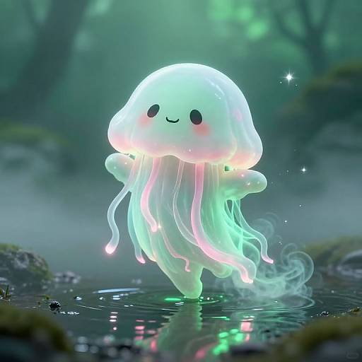 Digital art of a cute, glowing, jellyfish-like creature with a happy face, floating in a misty, forested pond at night.