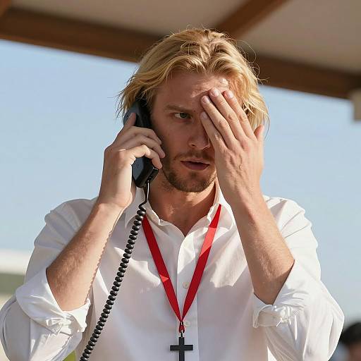 Intense Blonde Man Under Wooden Canopy