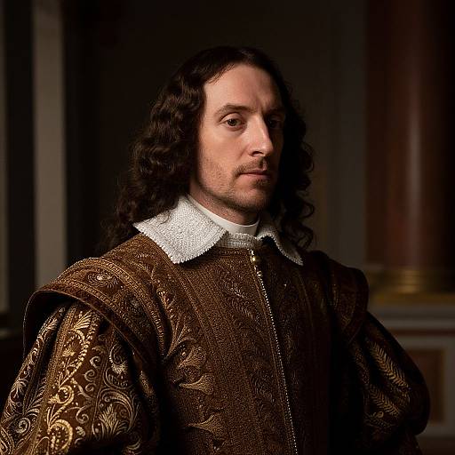 Photograph of a white man with long, wavy black hair, wearing a detailed brown Renaissance-style gown with a white lace collar, in a dim