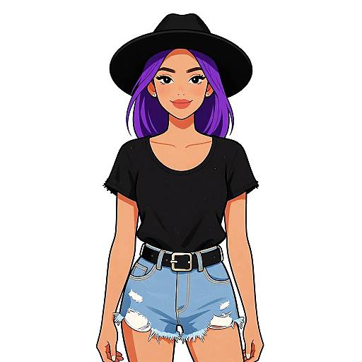 Digital illustration of a young woman with purple hair, black hat, black t-shirt, and frayed blue denim shorts, standing against a plain white background