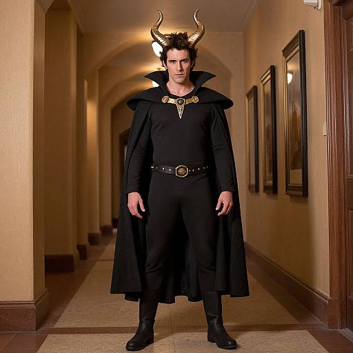 Photograph of a serious-looking man in a black devil costume with horns, cape, and belt, standing in a dimly-lit hallway.