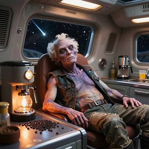 Photorealistic digital art: elderly, wrinkled, tattooed man with white hair, wearing sleeveless vest, reclines in spaceship cabin, illuminated